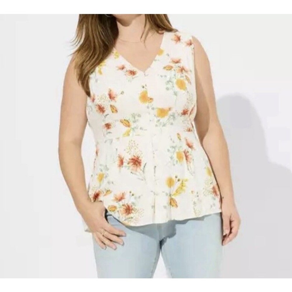 Torrid Rayon Slub Button Up Waist Detail Tank Yellow Floral 40455769 Women 1X
